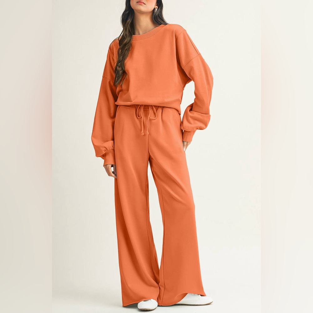 Women's Wide-Leg Pants & Crew Neck in Vibrant Orange